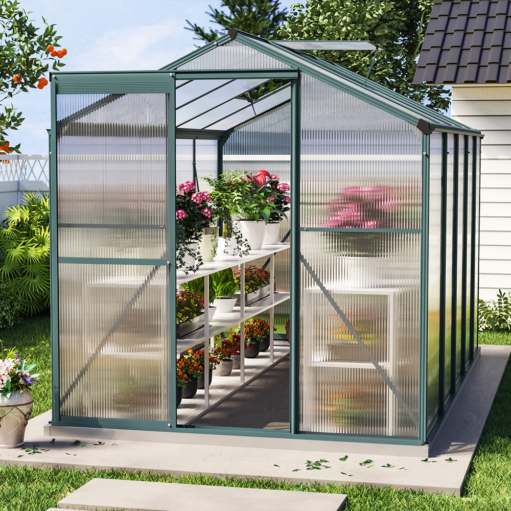 10x6ft green polycarbonate greenhouse for garden – spacious outdoor plant grow house with metal frame
